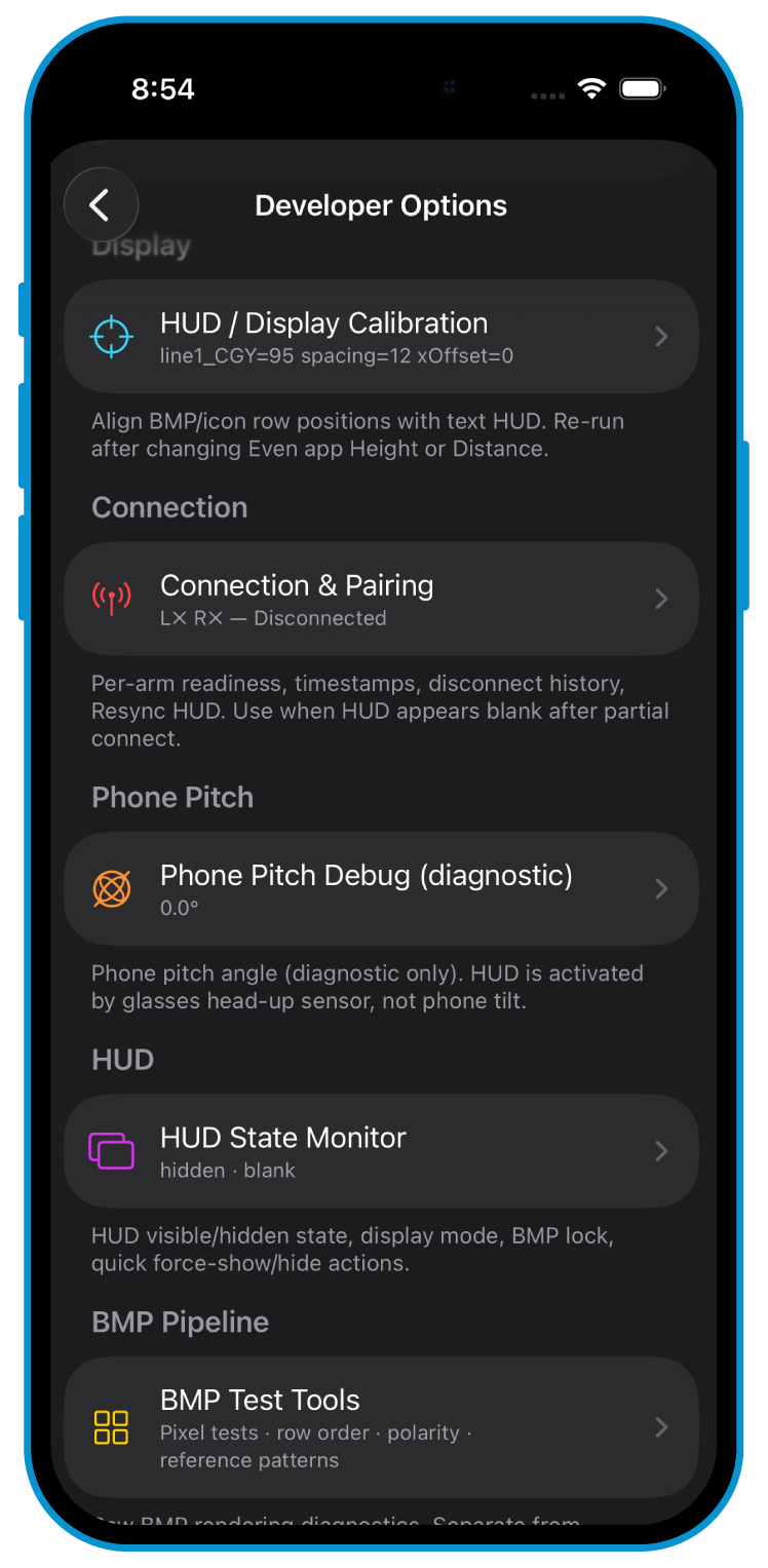 Organized feature settings, plus a developer panel: HUD calibration, per-arm diagnostics, and the BMP pipeline.