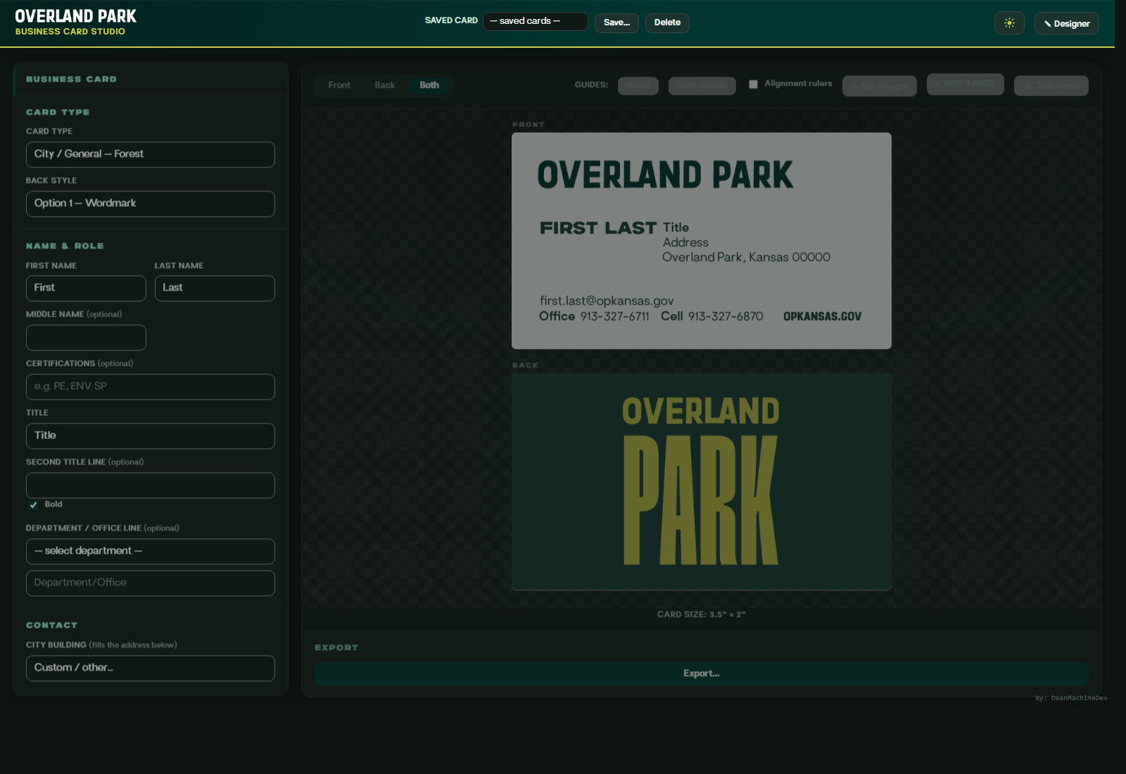 OP Business Card Studio interface: a form on the left, live front and back card preview on the right