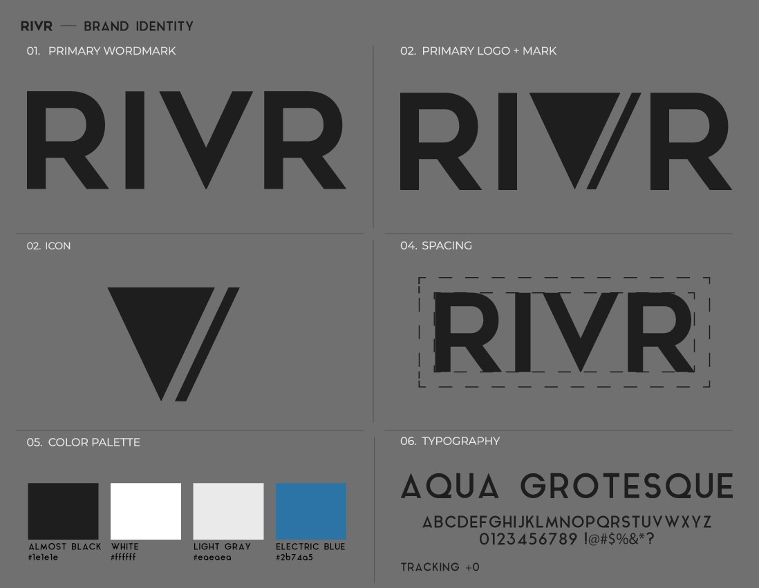 The RIVR brand system: wordmark, mark, palette, and type.