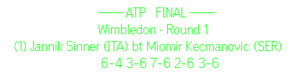 The Tennis Mode heads-up display showing a completed Wimbledon first round match: tournament, round, both players, and the full set by set scoreline
