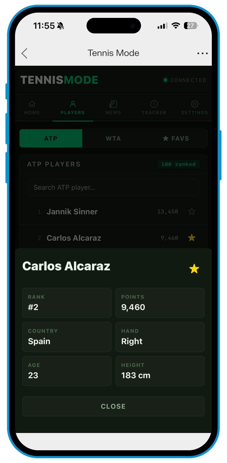 Main screen and player profiles, managed on mobile and synced to the glasses.